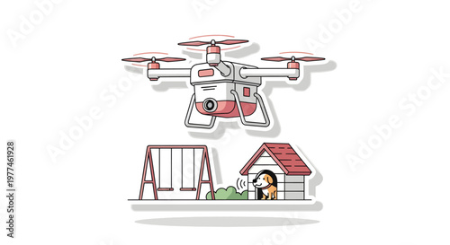 Drone flying over dog house and swing set in backyard