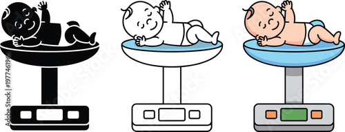 Cute newborn baby sleeping on a digital weight scale icon set featuring black silhouette line art and colored versions