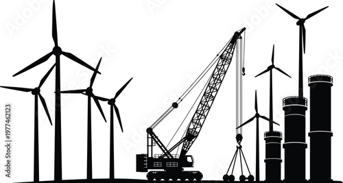 Industrial Energy Construction Site Silhouette Featuring Wind Turbines Heavy Crawler Crane and Storage Tanks for Sustainable Renewable Green Power Infrastructure Projects