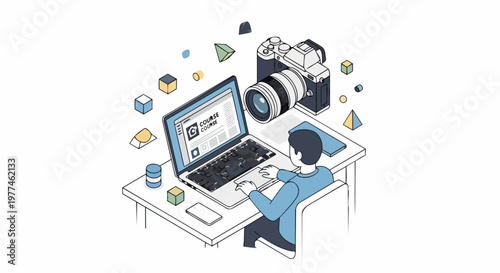 Isometric Illustration of a Student Taking an Online Photography Course with a Laptop and DSLR Camera