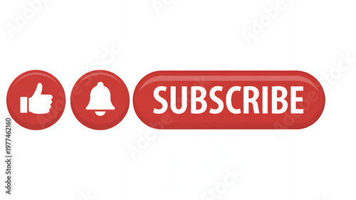 Red social media buttons featuring a thumbs up a notification bell, and a subscribe button