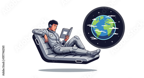 Astronaut relaxing in space with laptop and view of Earth