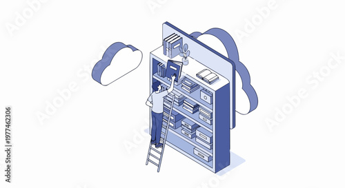 Digital Cloud Library and Online Database Concept Isometric Illustration