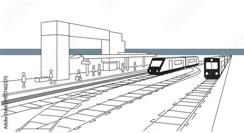 Modern train station with two trains on tracks, sketch style illustration.
