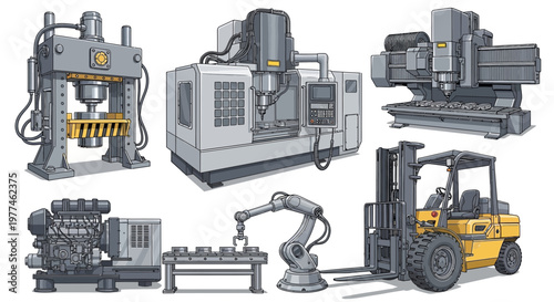 Industrial Machinery Set: CNC, Press, Robot Arm, Forklift, Engine, Lathe