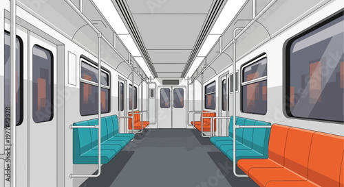 Modern subway train interior, empty seats, city view through windows, public transport concept