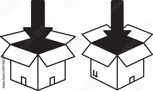 Open cardboard box with down arrow icons cardboard delivery shipping logistics illustration commerce transport movement warehouse handling direction placement unboxing contents business