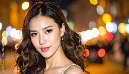 Elegant Asian woman with long wavy hair in city night lights.