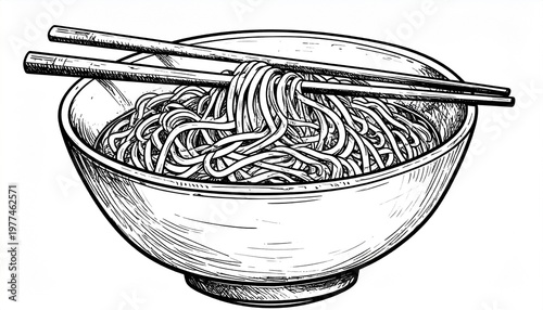 Detailed Sketch of Noodles in a Bowl with Chopsticks.