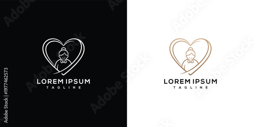 Elderly Woman in Heart Shape Logo Design - Senior Care and Support Concept