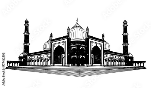 Jama Masjid Architectural Line Drawing Vector Heritage Travel Illustration