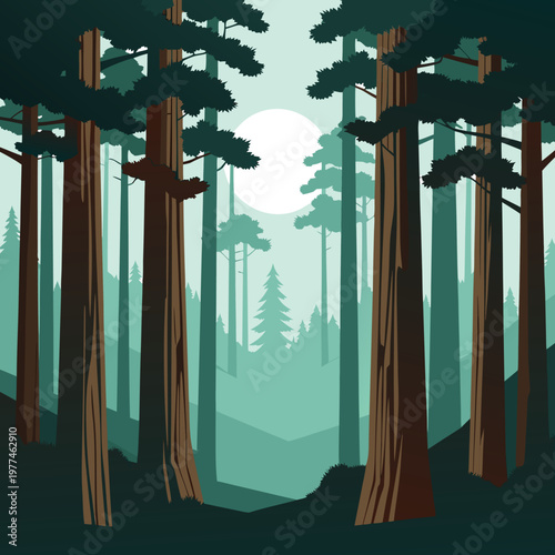 Serene Forest Landscape Illustration with Towering Pine Trees Under a Large Glowing Full Moon in Flat Vector Style