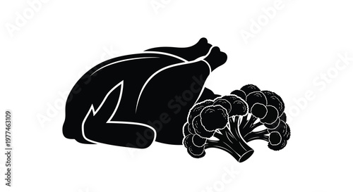 A black silhouette illustration depicts a roasted turkey alongside a head of broccoli high quality professional