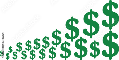 Green dollar sign currency symbol set in ascending size representing financial growth wealth success and money accumulation business concepts,