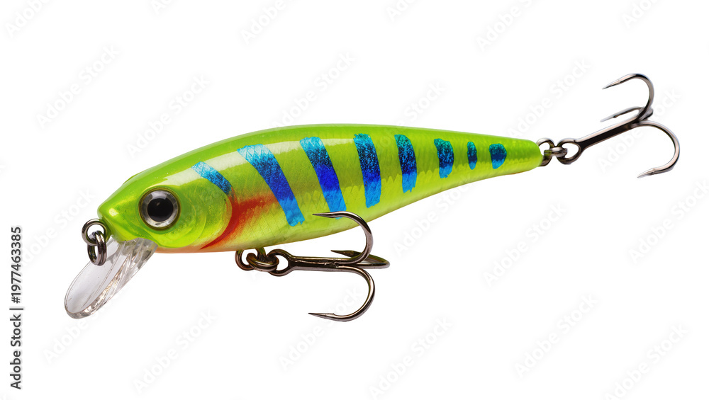 Obraz premium Vivid green fishing lure with blue stripes and red accents, isolated on transparent background