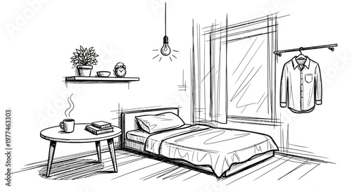 Cozy bedroom interior with hanging clothes and coffee