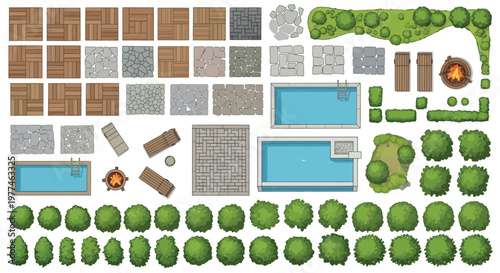 A collection of various outdoor and backyard design elements for landscaping and pool areas