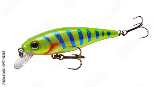 Tableau sur toile Vivid green fishing lure with blue stripes and red accents, isolated on transpar