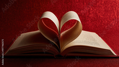 Romantic love theme for Valentines Day. An open book with a heartshaped indentation on its pages, set against a vibrant red background.