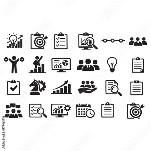 Modern Business Strategy & Action Planning Blue Monochrome Vector Icon Set