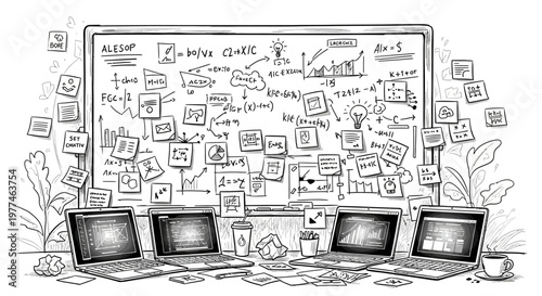 Creative workspace with computer monitors and strategy board