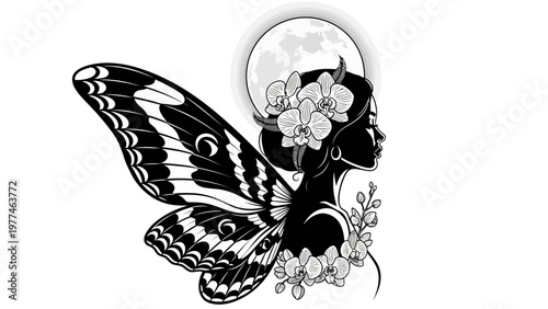 Mystical Moth Woman Silhouette with Moon and Orchids, Ethereal Fantasy Art