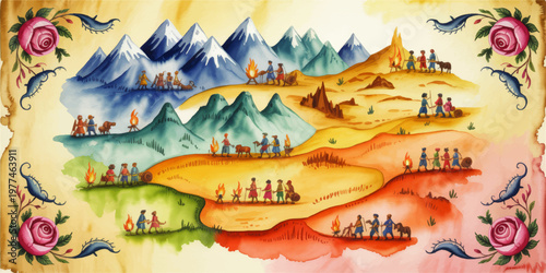 Watercolor fantasy parchment map with mountain caravans, desert travelers, campfires, floral corners and medieval journey scene