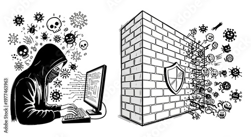 Cyber security concept with hacker and computer viruses trying to breach a protected wall