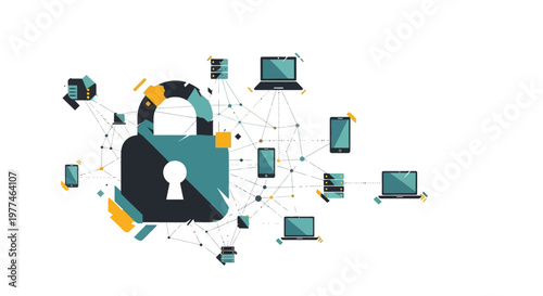 Cybersecurity concept with padlock and connected devices
