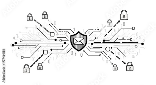 Cybersecurity concept with shield and circuit board