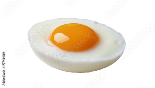 Photos Half boiled egg with bright orange yolk and white albumen, isolated on transpare
