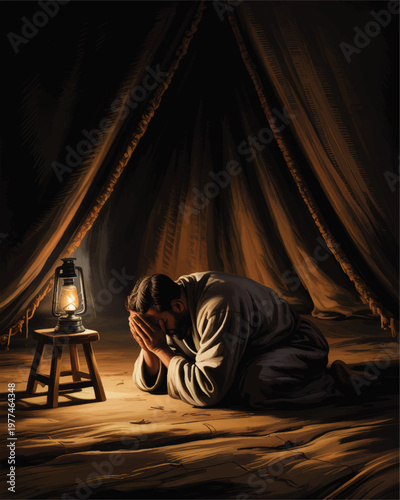 Man Kneeling in Prayer Inside Dark Tent by Lantern Light, Spiritual Worship Scene with Rustic Interior and Dramatic Shadows