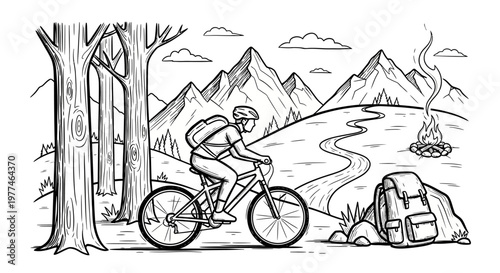 Cyclist on mountain trail with backpack and campfire