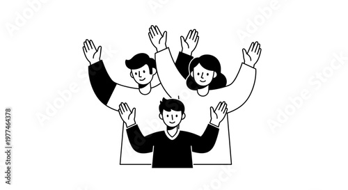 Joyful diverse group of people with raised hands celebrating unity, community engagement, and cheerful togetherness in a minimalist black and white line art style