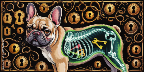 Surreal French Bulldog Anatomy Illustration with Xray Skeleton and Hidden Keys, Vintage Keyholes on Dark Ornamental Background