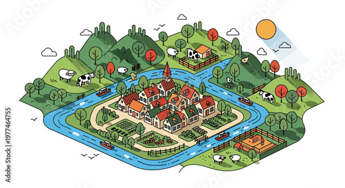 Charming isometric village with river, farm animals, lush green hills, and sunny sky.