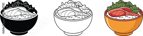 Japanese ramen or poke bowl set featuring rice meat and vegetables in solid black line art and color vector styles