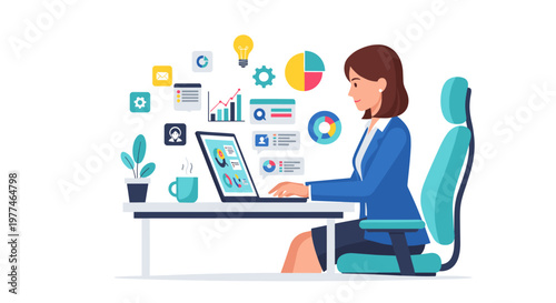 Professional woman in blue suit working diligently at her desk with laptop displaying charts, graphs, and data visualizations, surrounded by icons representing communication,