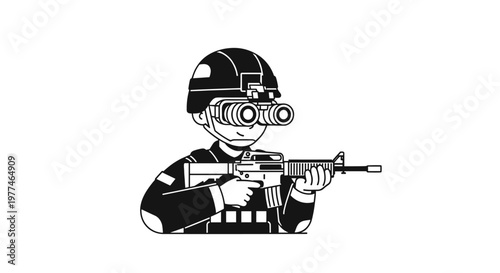 Special forces operative wearing night vision goggles, holding a tactical rifle, ready for action, depicted with bold black outlines and clean white shapes, representing modern