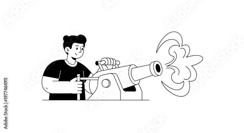 Young person with dark hair styled in buns, wearing a black t-shirt, joyfully aiming and firing a vintage cannon, emitting a large cloud of smoke and powder, depicted with clean