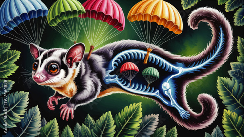 Colorful sugar glider anatomy illustration with parachutes in tropical foliage, surreal wildlife educational art