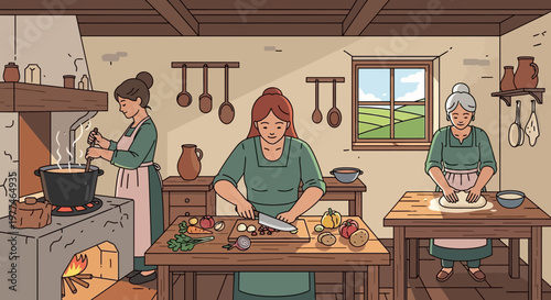 Vintage Kitchen Scene: Women prepare food in a rustic, historical setting with fireplace and window view.