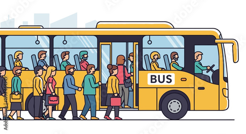 Diverse people boarding yellow city bus, urban commute, public transportation concept