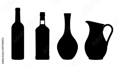 Silhouetted glass vessels of varying shapes, arranged in a row against a white background