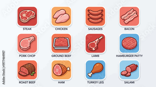 A Collection of Various Types of Meat Products Illustrated in a Clean and Modern Icon Style