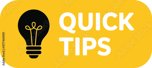 ,Quick tips yellow banner icon with lightbulb symbol for creative ideas helpful hints tutorials and educational blog content,