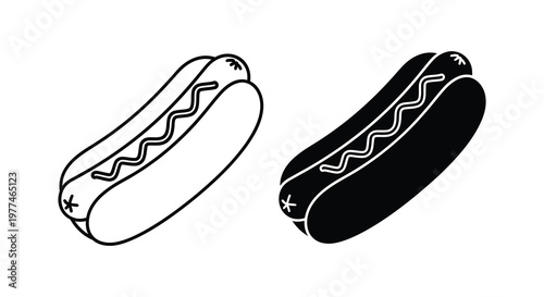 Two hot dogs depicted in contrasting black and white a graphic silhouette