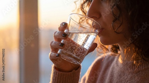 Close up of a Person Drinking a Refreshing Glass of Water Near a Window with Golden Sunlight Streaming In
