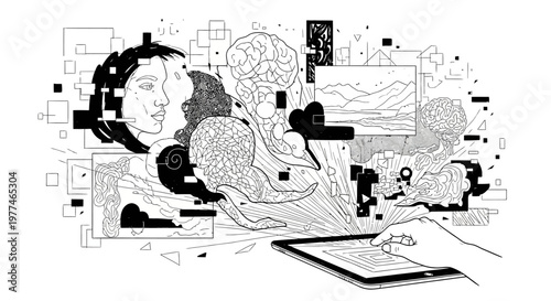 Digital art of a person creating with a pen and paper