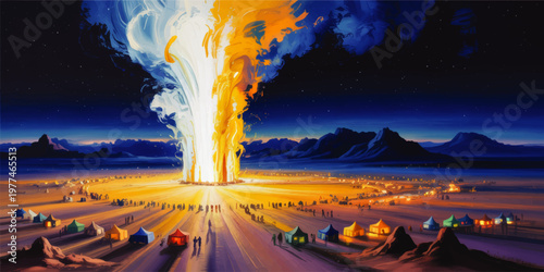 Surreal desert festival at night with towering fire vortex, glowing tents, mountains, and dramatic cosmic sky digital painting